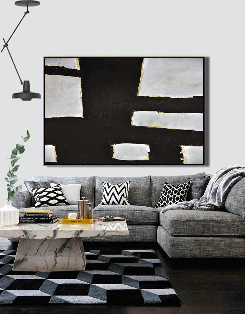 Modern Art Abstract Painting,Horizontal Palette Knife Minimal Canvas Art Painting Black White Beige - Large Living Room Decor